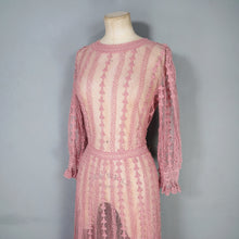 Load image into Gallery viewer, 1970s LIM&#39;S VINTAGE CROCHET DUSKY PINK LACE MAXI DRESS WITH FULL SWEEP - L