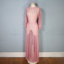 Load image into Gallery viewer, 1970s LIM&#39;S VINTAGE CROCHET DUSKY PINK LACE MAXI DRESS WITH FULL SWEEP - L