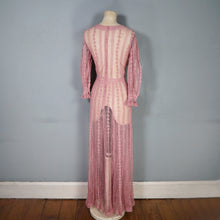 Load image into Gallery viewer, 1970s LIM&#39;S VINTAGE CROCHET DUSKY PINK LACE MAXI DRESS WITH FULL SWEEP - L