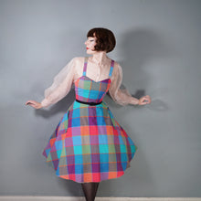 Load image into Gallery viewer, 80s DOES 50s COLOURFUL PLAID CHECK STRAPPY FULL SKIRTED DRESS - S