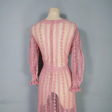 Load image into Gallery viewer, 1970s LIM&#39;S VINTAGE CROCHET DUSKY PINK LACE MAXI DRESS WITH FULL SWEEP - L