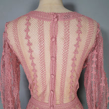 Load image into Gallery viewer, 1970s LIM&#39;S VINTAGE CROCHET DUSKY PINK LACE MAXI DRESS WITH FULL SWEEP - L