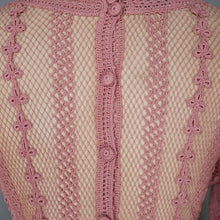Load image into Gallery viewer, 1970s LIM&#39;S VINTAGE CROCHET DUSKY PINK LACE MAXI DRESS WITH FULL SWEEP - L