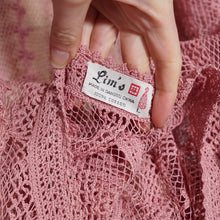 Load image into Gallery viewer, 1970s LIM&#39;S VINTAGE CROCHET DUSKY PINK LACE MAXI DRESS WITH FULL SWEEP - L