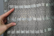 Load image into Gallery viewer, 50s HANDMADE GREY CROCHET AND SATIN RIBBON FULL SKIRTED DRESS - M