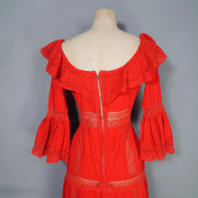 Load image into Gallery viewer, 70s BOLD RED MEXICAN PIN TUCK AND LACE MAXI DRESS WITH RUFFLED NECKLINE - XS-S