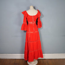 Load image into Gallery viewer, 70s BOLD RED MEXICAN PIN TUCK AND LACE MAXI DRESS WITH RUFFLED NECKLINE - XS-S