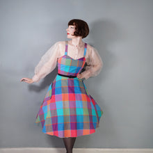Load image into Gallery viewer, 80s DOES 50s COLOURFUL PLAID CHECK STRAPPY FULL SKIRTED DRESS - S