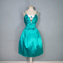 Load image into Gallery viewer, 60s BLANES GREEN SATIN COCKTAIL DRESS WITH FLORAL APPLIQUE BUST - S
