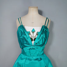 Load image into Gallery viewer, 60s BLANES GREEN SATIN COCKTAIL DRESS WITH FLORAL APPLIQUE BUST - S