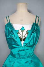 Load image into Gallery viewer, 60s BLANES GREEN SATIN COCKTAIL DRESS WITH FLORAL APPLIQUE BUST - S