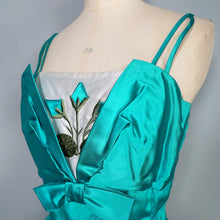 Load image into Gallery viewer, 60s BLANES GREEN SATIN COCKTAIL DRESS WITH FLORAL APPLIQUE BUST - S