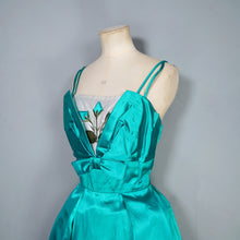 Load image into Gallery viewer, 60s BLANES GREEN SATIN COCKTAIL DRESS WITH FLORAL APPLIQUE BUST - S