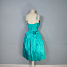 Load image into Gallery viewer, 60s BLANES GREEN SATIN COCKTAIL DRESS WITH FLORAL APPLIQUE BUST - S