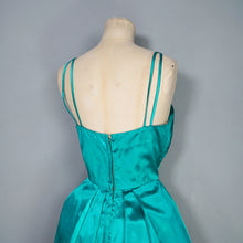 Load image into Gallery viewer, 60s BLANES GREEN SATIN COCKTAIL DRESS WITH FLORAL APPLIQUE BUST - S