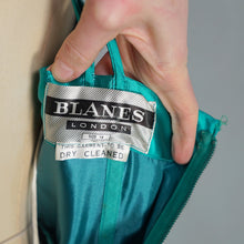 Load image into Gallery viewer, 60s BLANES GREEN SATIN COCKTAIL DRESS WITH FLORAL APPLIQUE BUST - S