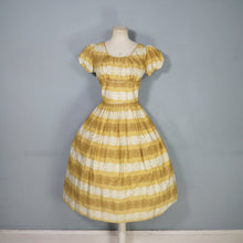 Load image into Gallery viewer, 50s MUSTARD YELLOW FLORAL SUN DRESS WITH RUCHED SHELF BUST AND PRINCESS PUFF SLEEVE - S-M