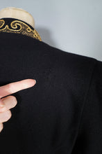 Load image into Gallery viewer, 30s 40s LONG BLACK WOOL COAT WITH GOLD MILITARY STYLE POCKETS AND COLLAR - S-M