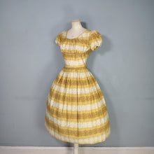 Load image into Gallery viewer, 50s MUSTARD YELLOW FLORAL SUN DRESS WITH RUCHED SHELF BUST AND PRINCESS PUFF SLEEVE - S-M