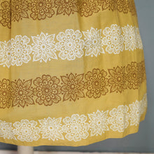 Load image into Gallery viewer, 50s MUSTARD YELLOW FLORAL SUN DRESS WITH RUCHED SHELF BUST AND PRINCESS PUFF SLEEVE - S-M