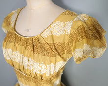 Load image into Gallery viewer, 50s MUSTARD YELLOW FLORAL SUN DRESS WITH RUCHED SHELF BUST AND PRINCESS PUFF SLEEVE - S-M