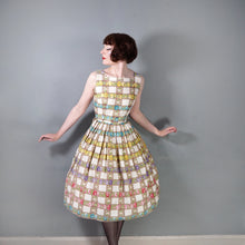 Load image into Gallery viewer, 50s BROWN CHECK WITH RAINBOW FLORAL COTTON DAY DRESS - S