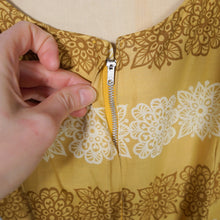 Load image into Gallery viewer, 50s MUSTARD YELLOW FLORAL SUN DRESS WITH RUCHED SHELF BUST AND PRINCESS PUFF SLEEVE - S-M