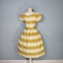 Load image into Gallery viewer, 50s MUSTARD YELLOW FLORAL SUN DRESS WITH RUCHED SHELF BUST AND PRINCESS PUFF SLEEVE - S-M