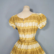 Load image into Gallery viewer, 50s MUSTARD YELLOW FLORAL SUN DRESS WITH RUCHED SHELF BUST AND PRINCESS PUFF SLEEVE - S-M