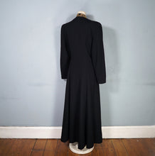Load image into Gallery viewer, 30s 40s LONG BLACK WOOL COAT WITH GOLD MILITARY STYLE POCKETS AND COLLAR - S-M