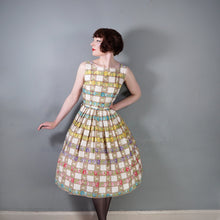 Load image into Gallery viewer, 50s BROWN CHECK WITH RAINBOW FLORAL COTTON DAY DRESS - S