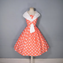 Load image into Gallery viewer, 50s 60s BRIGHT COLOURFUL ORANGE POLKA DOT DRESS WITH SHAWL COLLAR - S