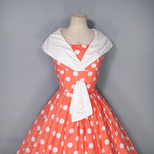 Load image into Gallery viewer, 50s 60s BRIGHT COLOURFUL ORANGE POLKA DOT DRESS WITH SHAWL COLLAR - S