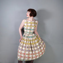 Load image into Gallery viewer, 50s BROWN CHECK WITH RAINBOW FLORAL COTTON DAY DRESS - S