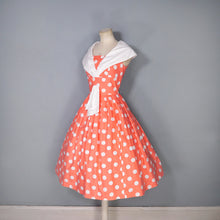 Load image into Gallery viewer, 50s 60s BRIGHT COLOURFUL ORANGE POLKA DOT DRESS WITH SHAWL COLLAR - S