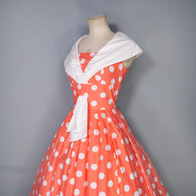 Load image into Gallery viewer, 50s 60s BRIGHT COLOURFUL ORANGE POLKA DOT DRESS WITH SHAWL COLLAR - S