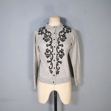 Load image into Gallery viewer, 60s GREY MARLED WOOL FITTED CARDIGAN WITH BLACK BEAD EMBELLISHMENT - S