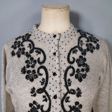 Load image into Gallery viewer, 60s GREY MARLED WOOL FITTED CARDIGAN WITH BLACK BEAD EMBELLISHMENT - S