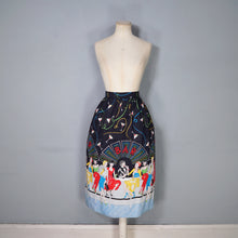 Load image into Gallery viewer, 70s 80s BLACK NOVELTY BAR SCENE BORDER PRINT SKIRT WITH LADIES WITH COCKTAILS - 27"