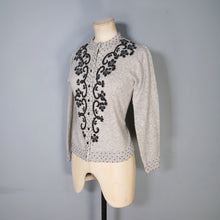 Load image into Gallery viewer, 60s GREY MARLED WOOL FITTED CARDIGAN WITH BLACK BEAD EMBELLISHMENT - S