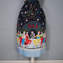 Load image into Gallery viewer, 70s 80s BLACK NOVELTY BAR SCENE BORDER PRINT SKIRT WITH LADIES WITH COCKTAILS - 27"