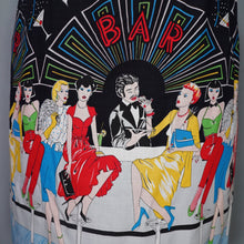 Load image into Gallery viewer, 70s 80s BLACK NOVELTY BAR SCENE BORDER PRINT SKIRT WITH LADIES WITH COCKTAILS - 27"