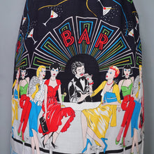 Load image into Gallery viewer, 70s 80s BLACK NOVELTY BAR SCENE BORDER PRINT SKIRT WITH LADIES WITH COCKTAILS - 27"