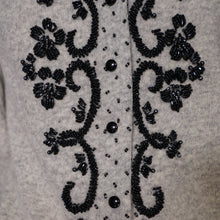 Load image into Gallery viewer, 60s GREY MARLED WOOL FITTED CARDIGAN WITH BLACK BEAD EMBELLISHMENT - S