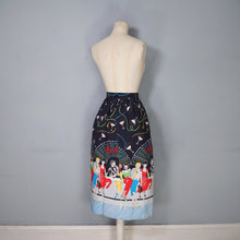 Load image into Gallery viewer, 70s 80s BLACK NOVELTY BAR SCENE BORDER PRINT SKIRT WITH LADIES WITH COCKTAILS - 27"