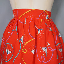 Load image into Gallery viewer, 70s 80s RED NOVELTY BAR SCENE BORDER PRINT SKIRT WITH LADIES WITH COCKTAILS - 25.5"