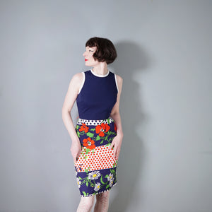 60s BLUE AND BRIGHT FLORAL DAY DRESS WITH CUT OUT BACK - S