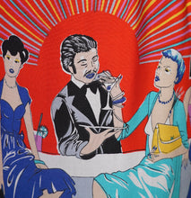 Load image into Gallery viewer, 70s 80s RED NOVELTY BAR SCENE BORDER PRINT SKIRT WITH LADIES WITH COCKTAILS - 25.5"