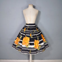 Load image into Gallery viewer, 60s BLACK STRIPE AND HUGE ORANGE ROSE PRINT FULL SKIRT - 26.5&quot;