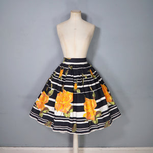 60s BLACK STRIPE AND HUGE ORANGE ROSE PRINT FULL SKIRT - 26.5"